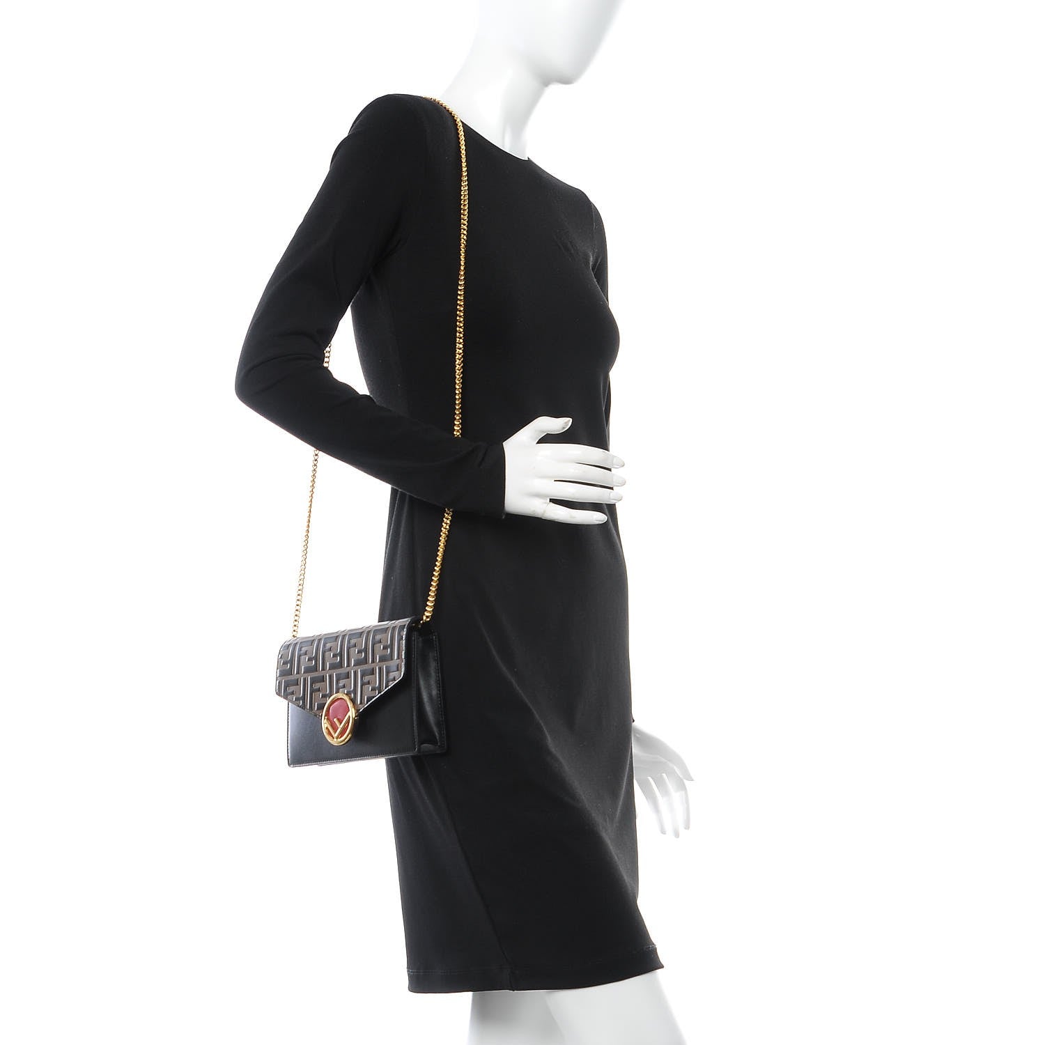 Fendi Vitello Liberty F is Fendi Bi-Color FF 1974 Embossed Medium Envelope Wallet On Chain Black Maya 2 of 7