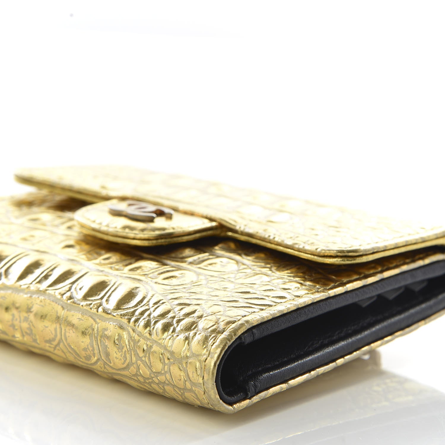 Chanel Metallic Calfskin Crocodile Embossed Cocodile Compact Flap Wallet Gold 6 of 9
