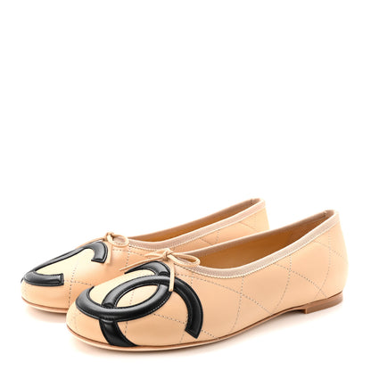 Chanel Lambskin Quilted CC Cambon Ballet Flats 38 Beige Black 4 of 10