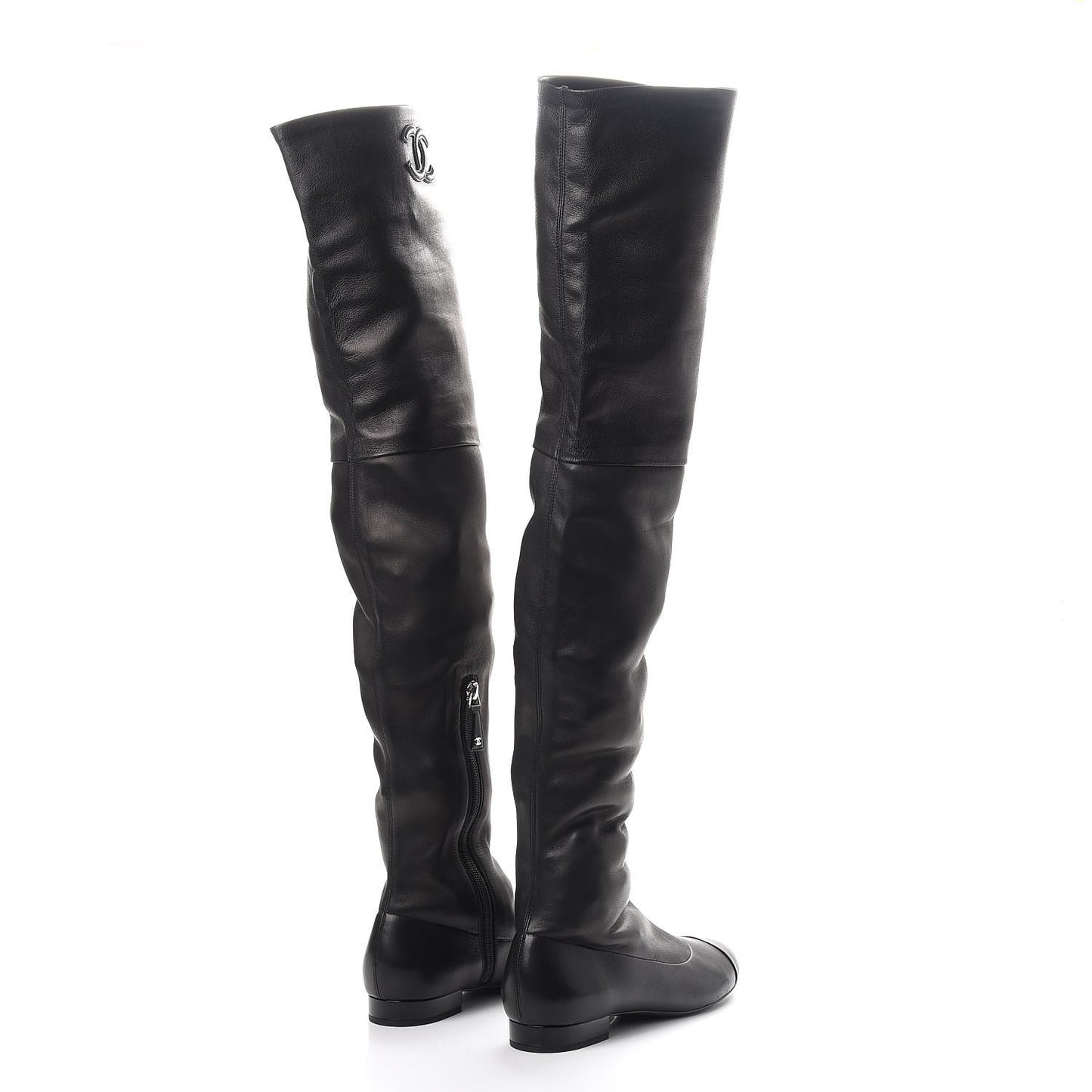 Lambskin Cap Toe High Boots 38 Black
