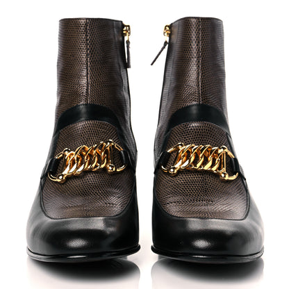 Gucci Goatskin Lizard Mens Kitten Chain Horsebit Ankle Boots 11 Black Antique Grey 2 of 11