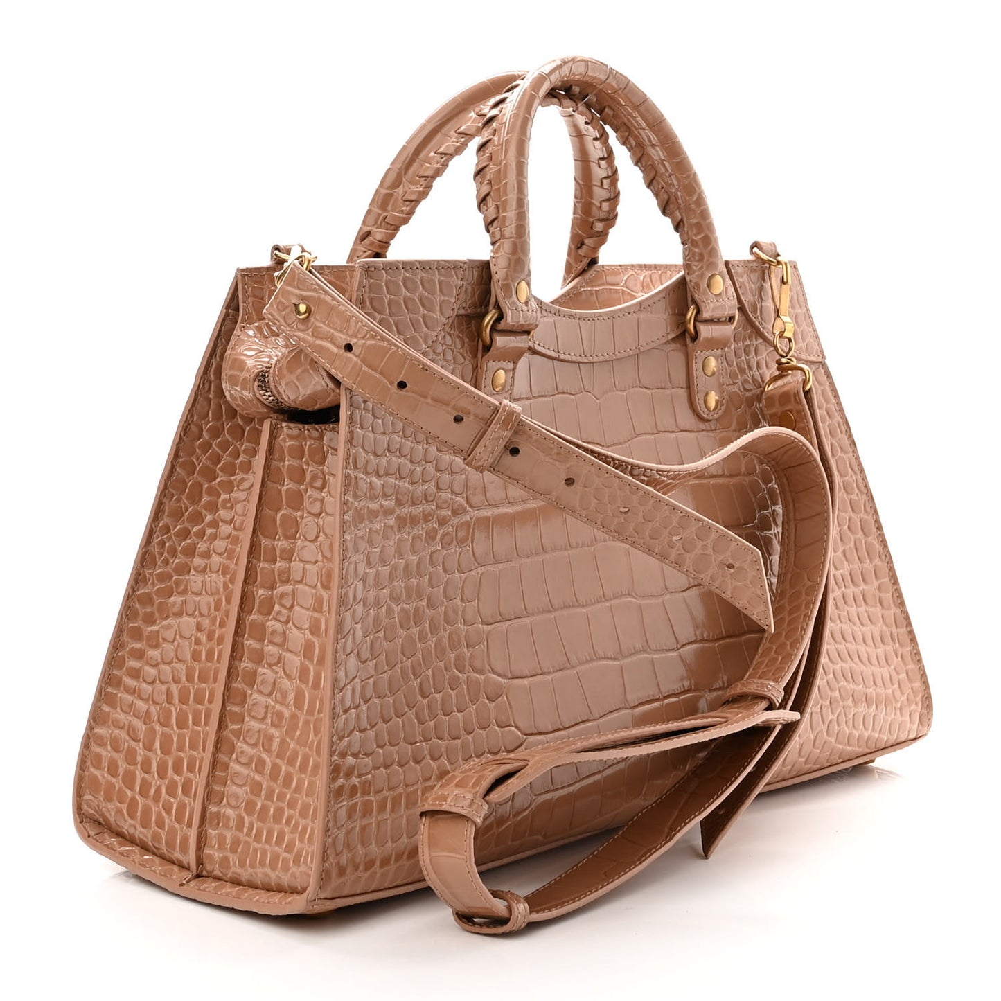 Shiny Supple Calfskin Crocodile Embossed Neo Classic Gold Hardware City Nude Beige