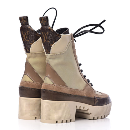 Louis Vuitton Suede Calfskin Monogram Laureate Platform Desert Boots 35.5 Beige 4 of 12