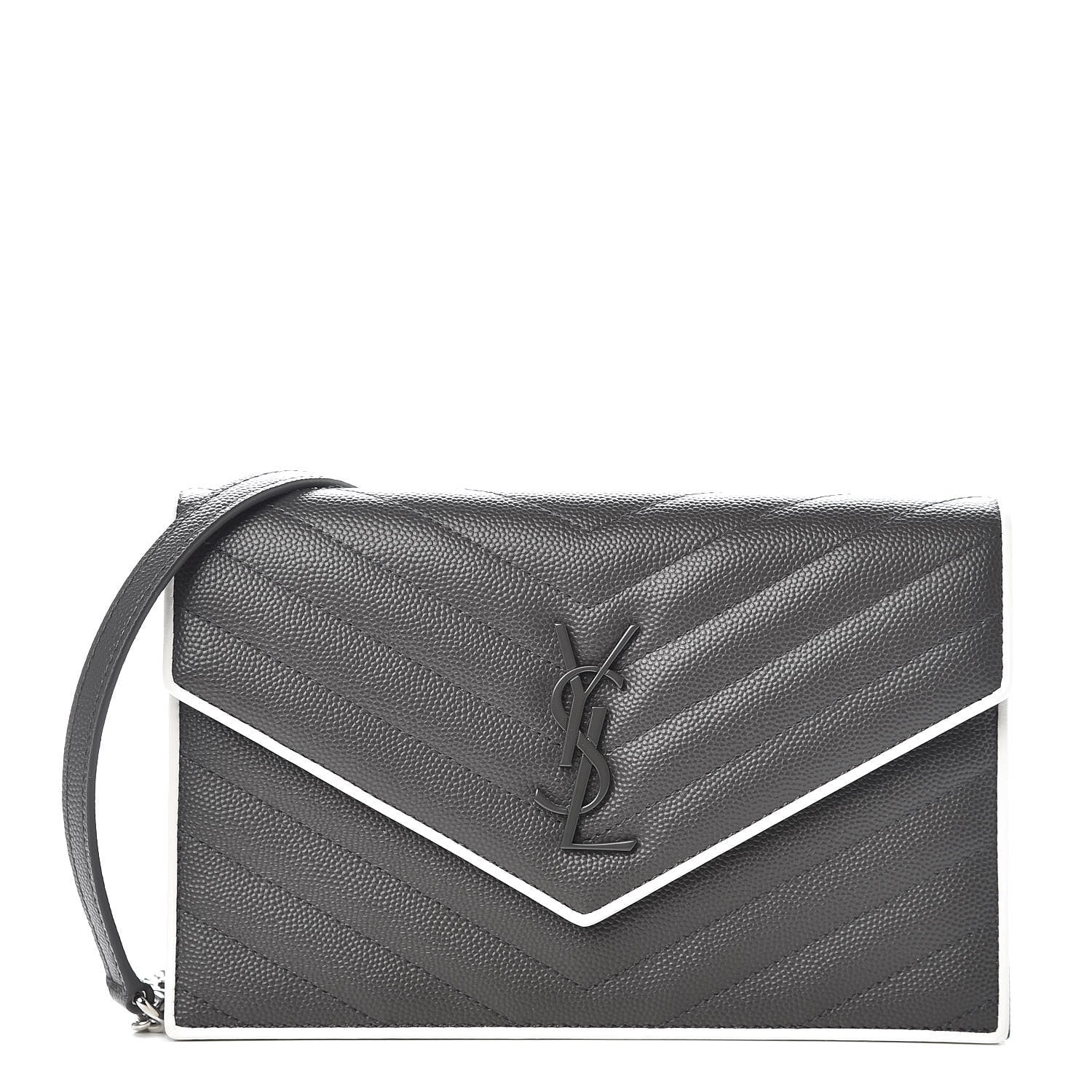 Saint Laurent Grain De Poudre Matelasse Chevron Monogram Chain Wallet Asphalt White 1 of 9