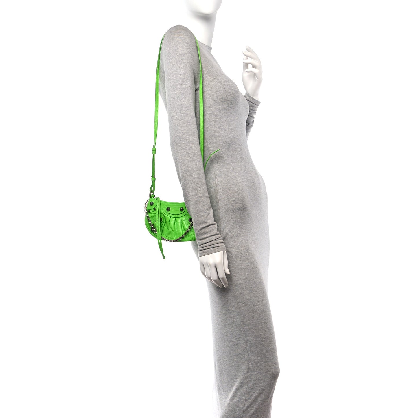 Extra Supple Calfskin Crocodile Embossed Le Cagole Mini Purse With Chain Acid Green
