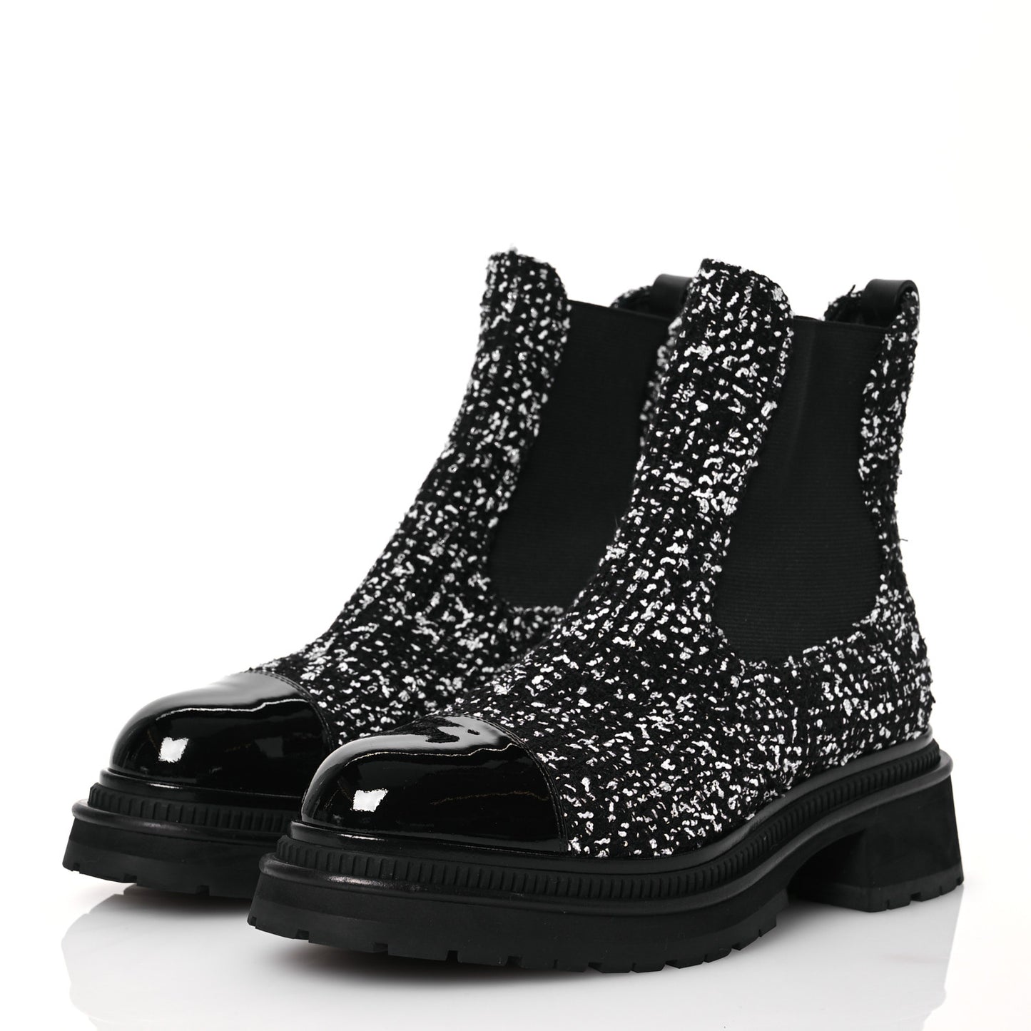 Tweed Patent Calfskin Short Boots 40 Black White