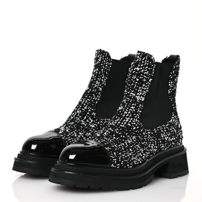 Chanel Tweed Patent Calfskin Short Boots 40 Black White 3 of 11