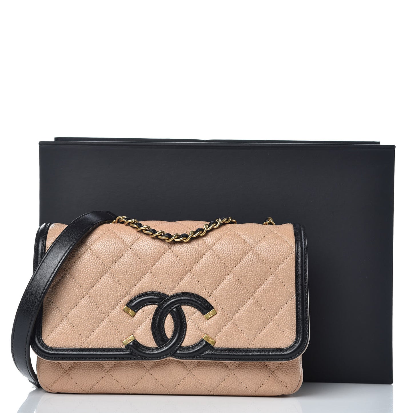 Caviar Quilted Small CC Filigree Flap Beige Black