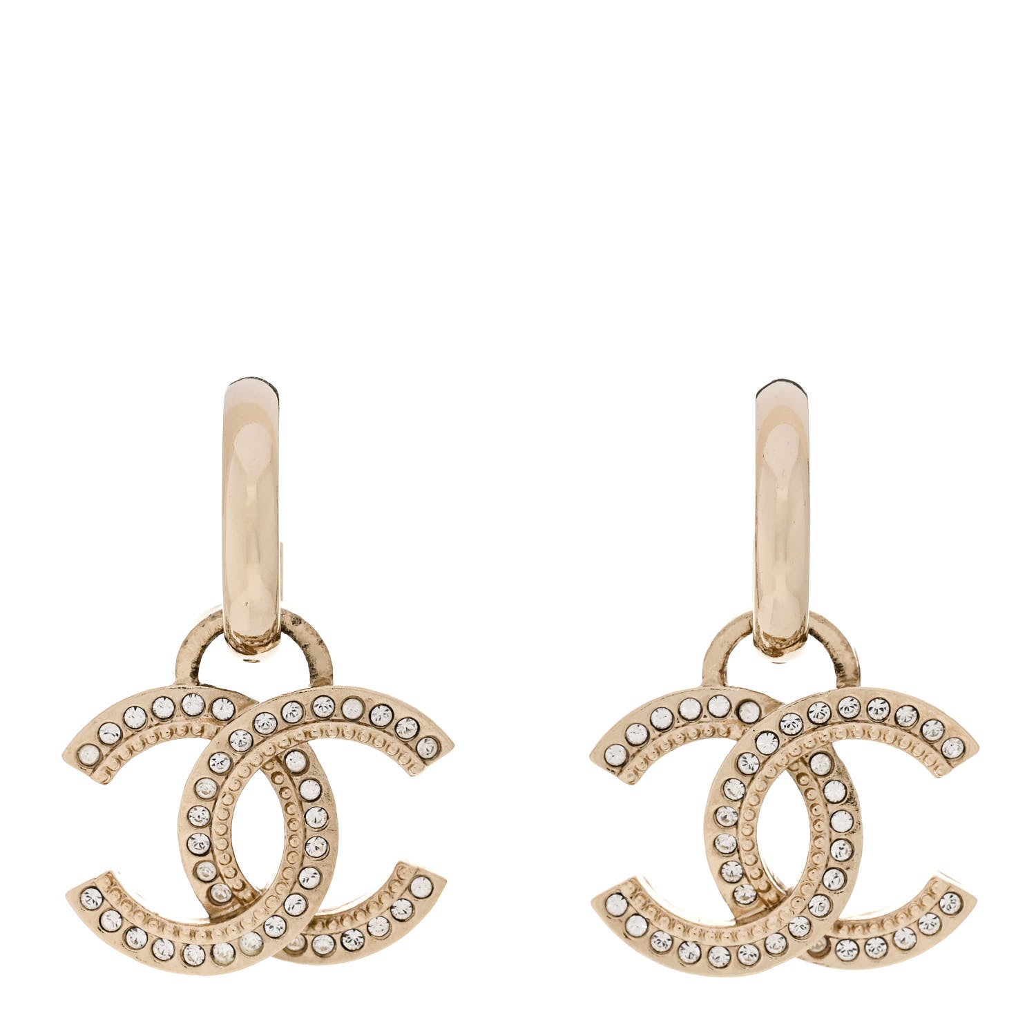 Chanel Metal Crystal Studded CC Hoop Drop Earrings Gold 1 of 5