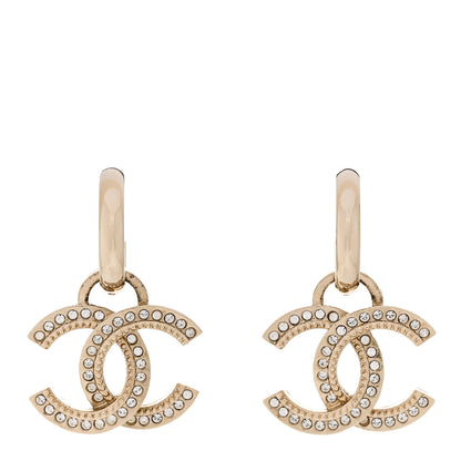 Chanel Metal Crystal Studded CC Hoop Drop Earrings Gold 1 of 5