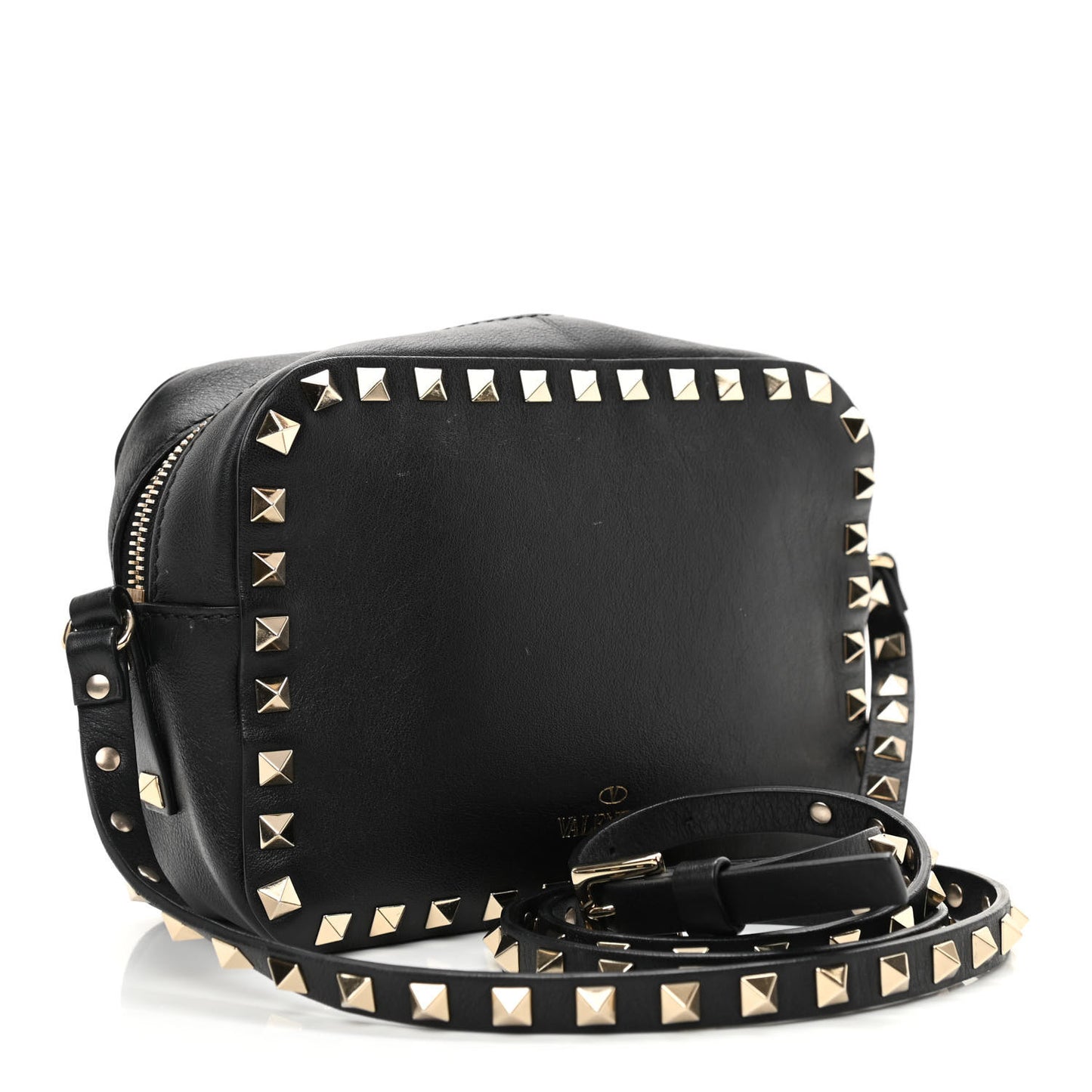 Pebbled Calfskin Rockstud Camera Crossbody Bag Black