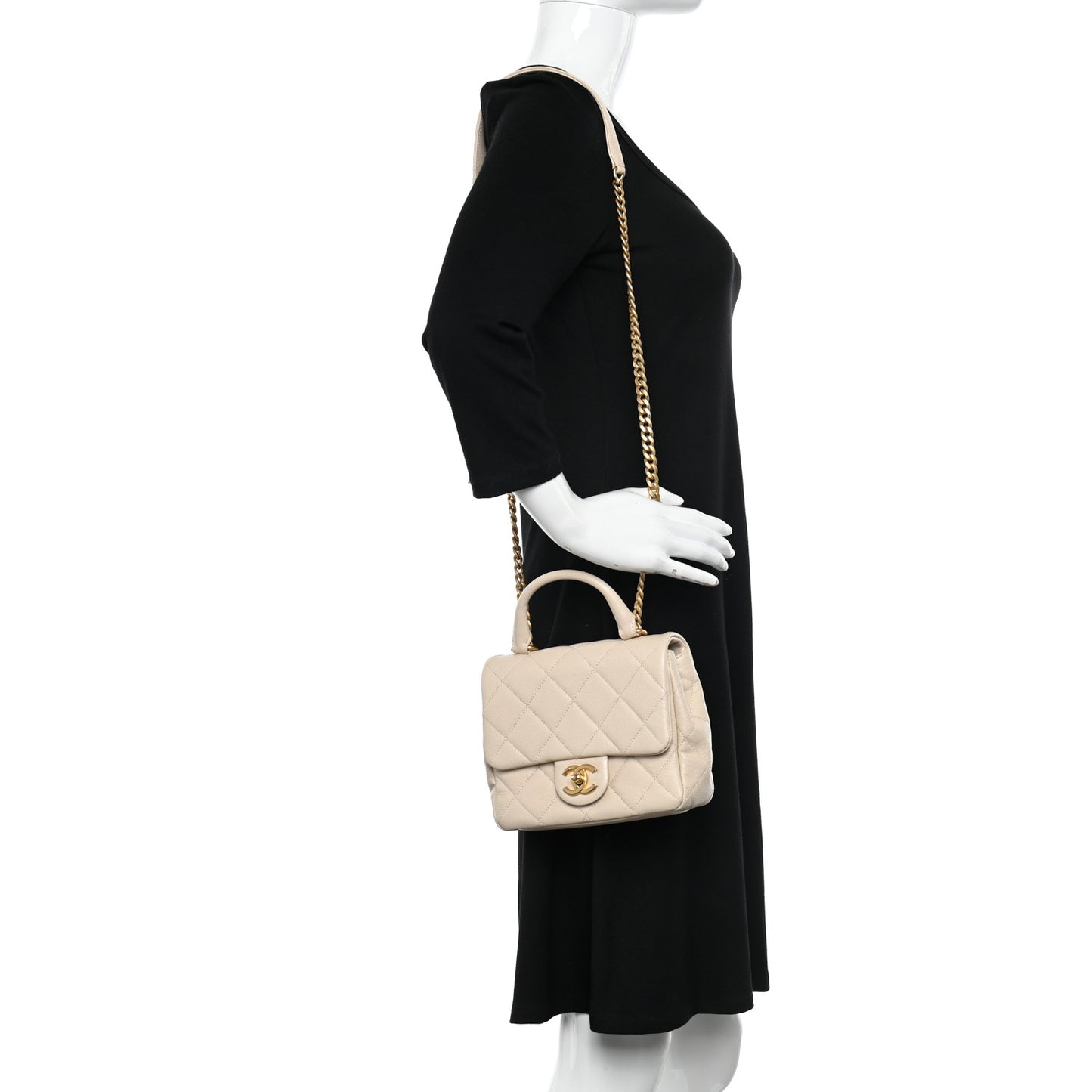 Shiny Caviar Quilted Mini Top Handle Flap Ecru