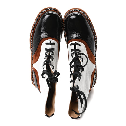 Chanel Patent Suede Lace Up Chain Boots 37 White Light Brown Black 2 of 9