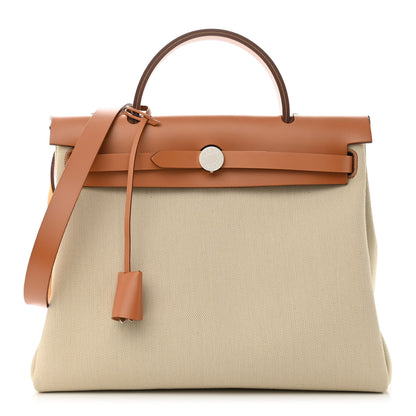 Hermes Military Toile Vache Hunter Herbag Zip Retourne 31 PM Beton Naturel 3 of 11