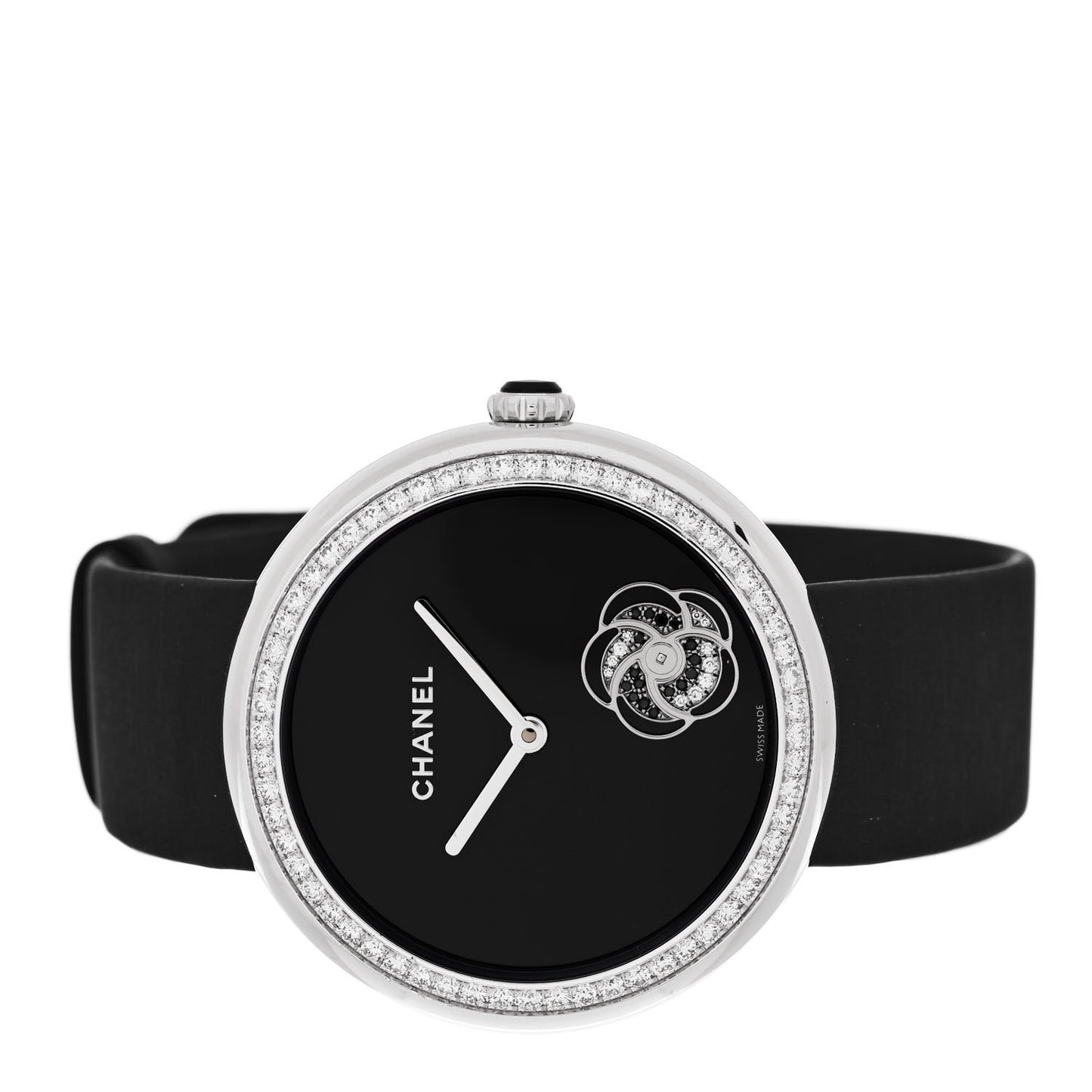 18K White Gold Satin Diamond Bezel 37.5mm Mademoiselle Prive Quartz Watch Black