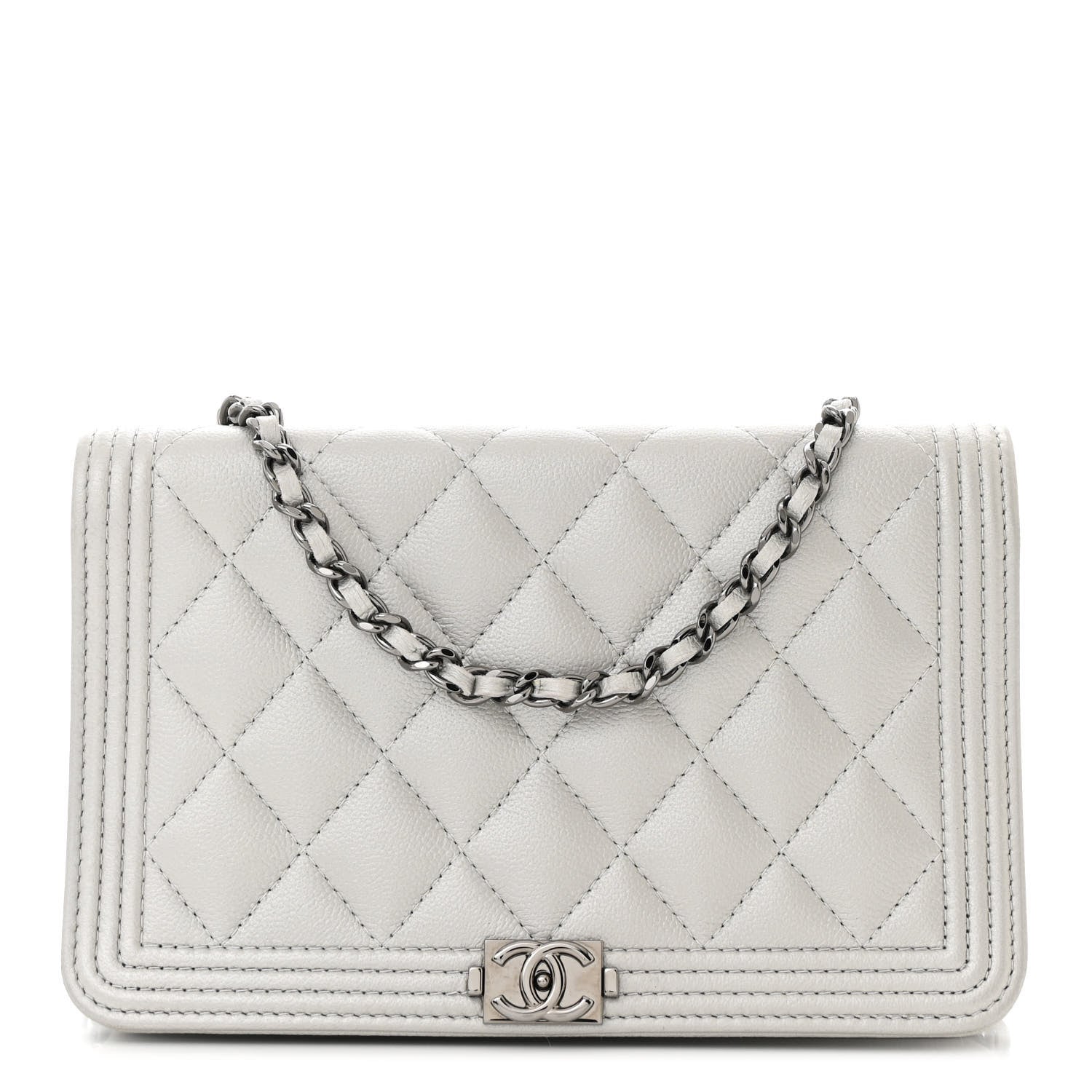 Chanel Metallic Caviar Quilted Boy Wallet On Chain WOC Silver 1 of 13