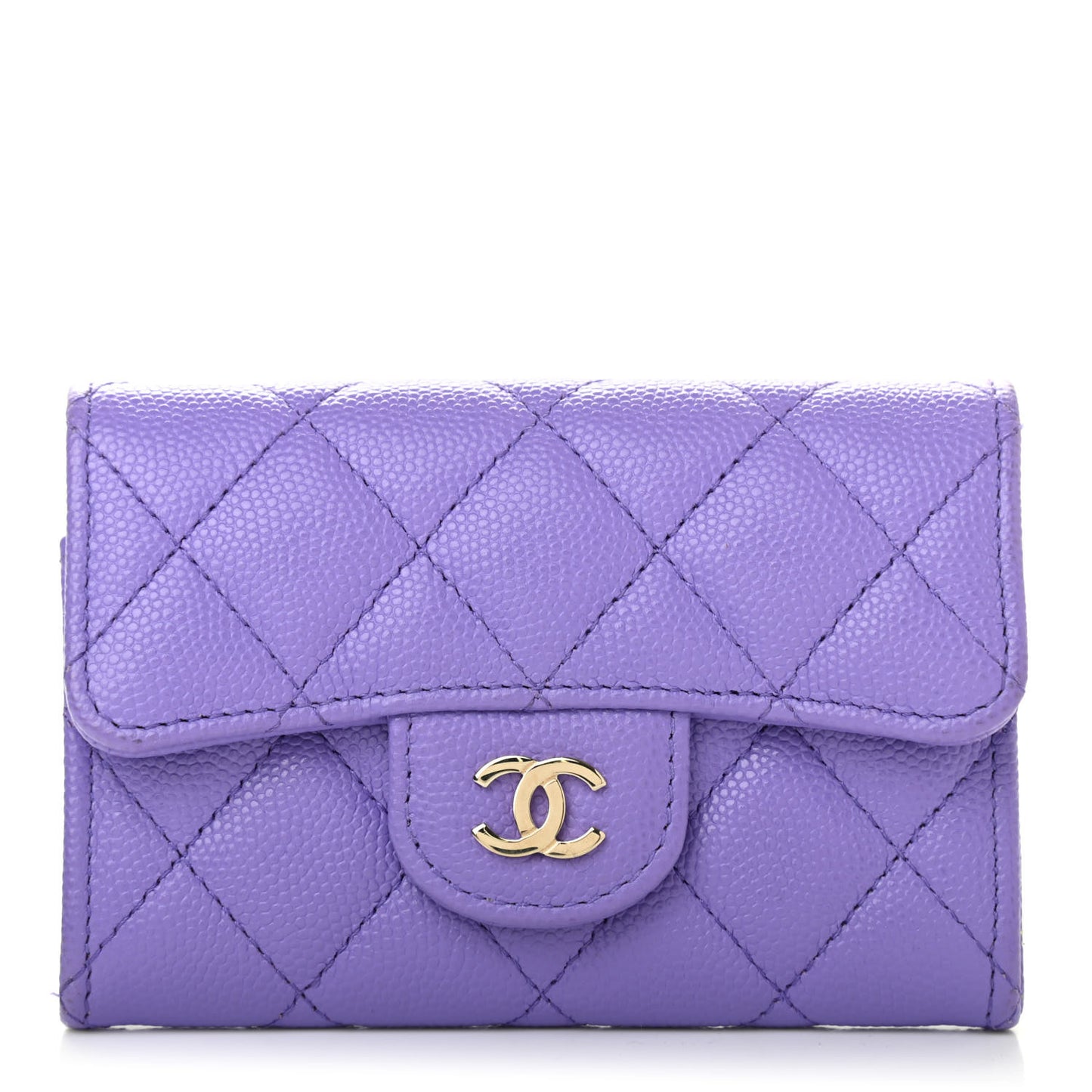 Caviar Quilted Flap Card Holder Wallet Purple