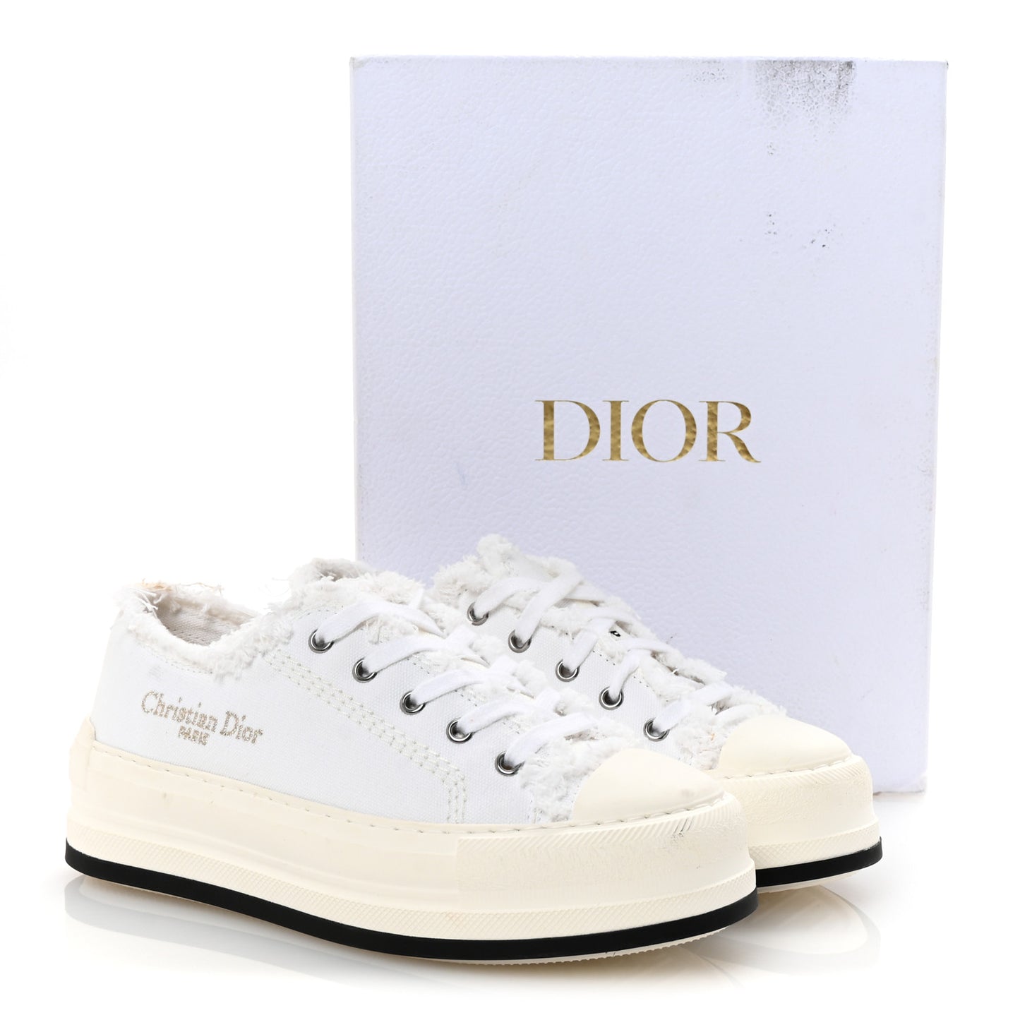 Frayed Canvas Embroidered Logo Walk'N'Dior Low Top Platform Sneakers 38 White