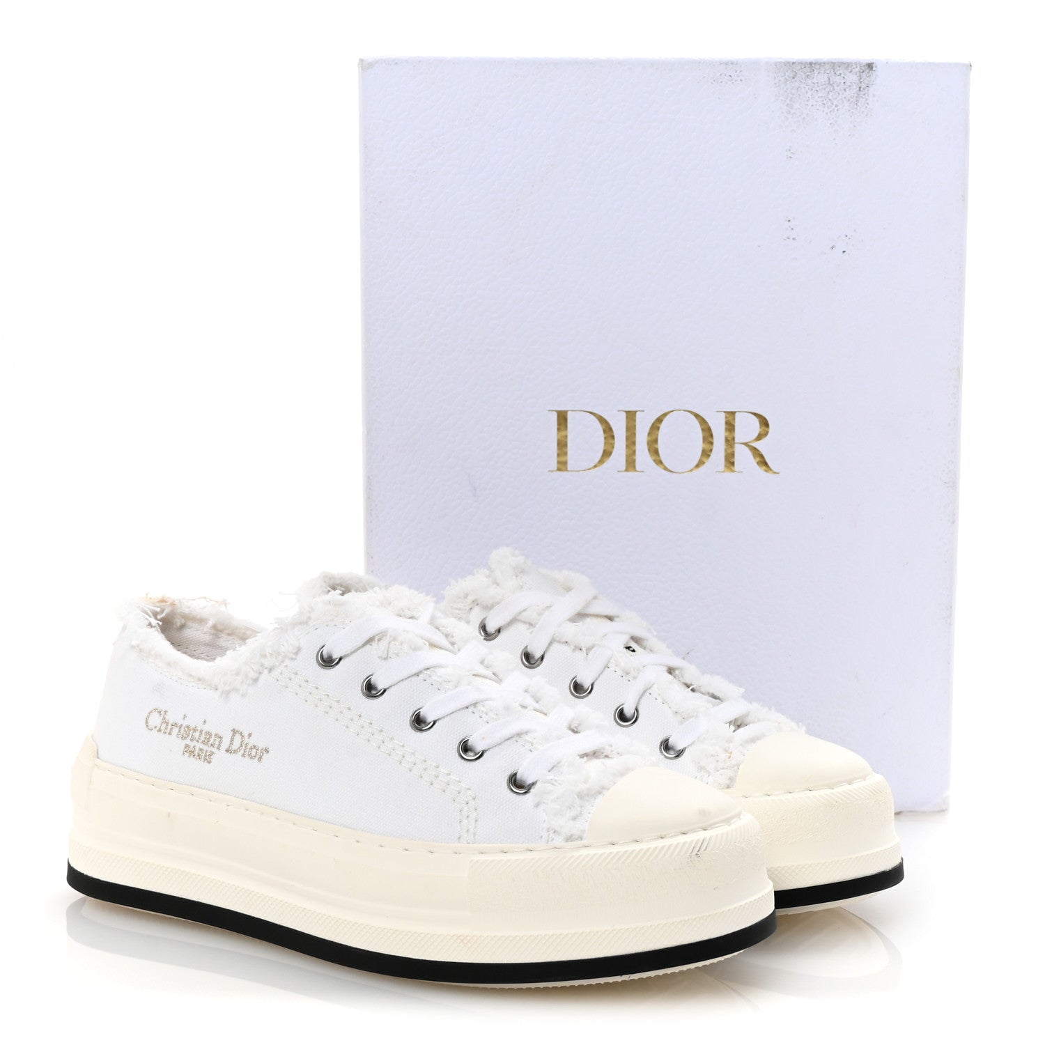 Christian Dior Frayed Canvas Embroidered Logo Walk'N'Dior Low Top Platform Sneakers 38 White 10 of 10