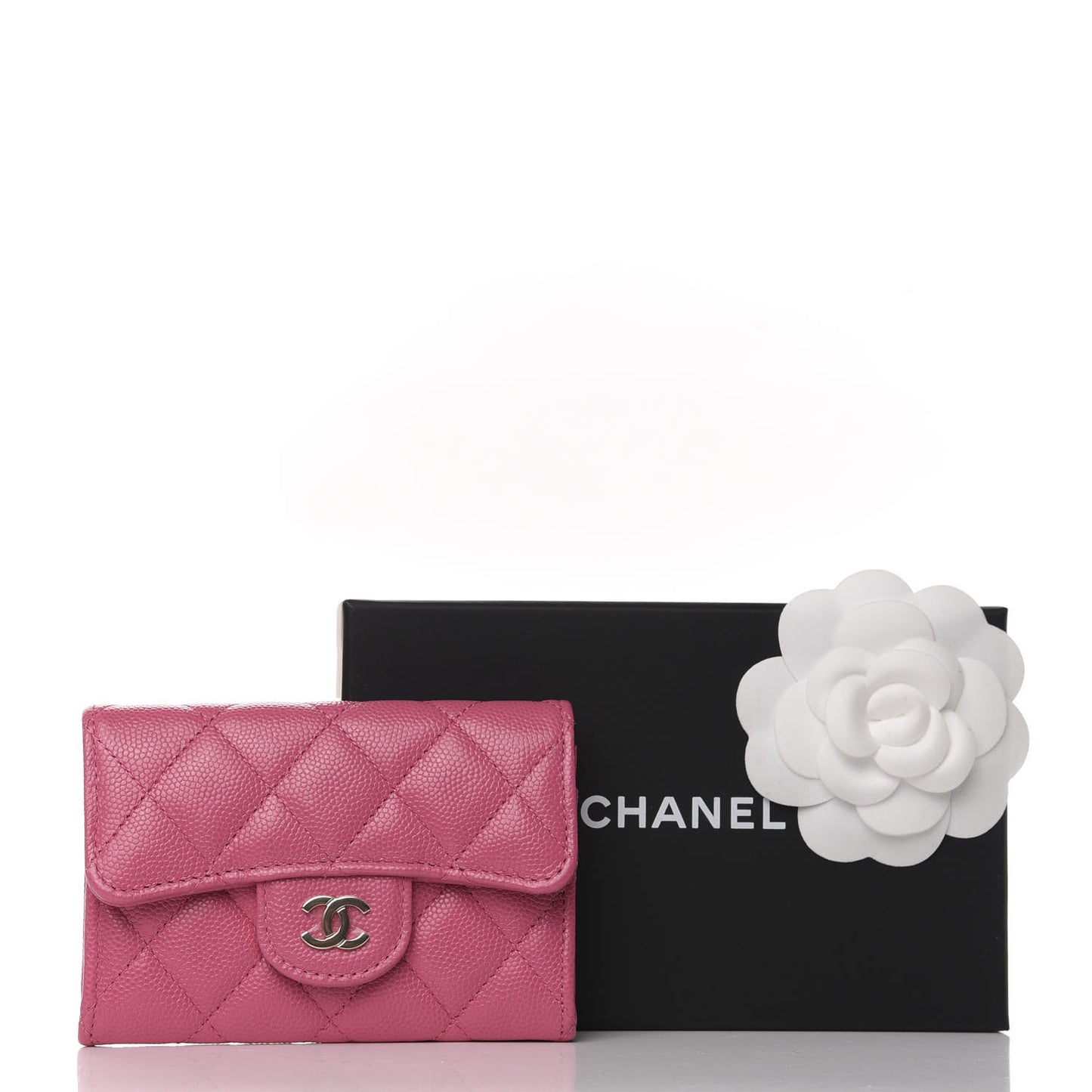 Caviar Quilted Flap Card Holder Wallet Pink
