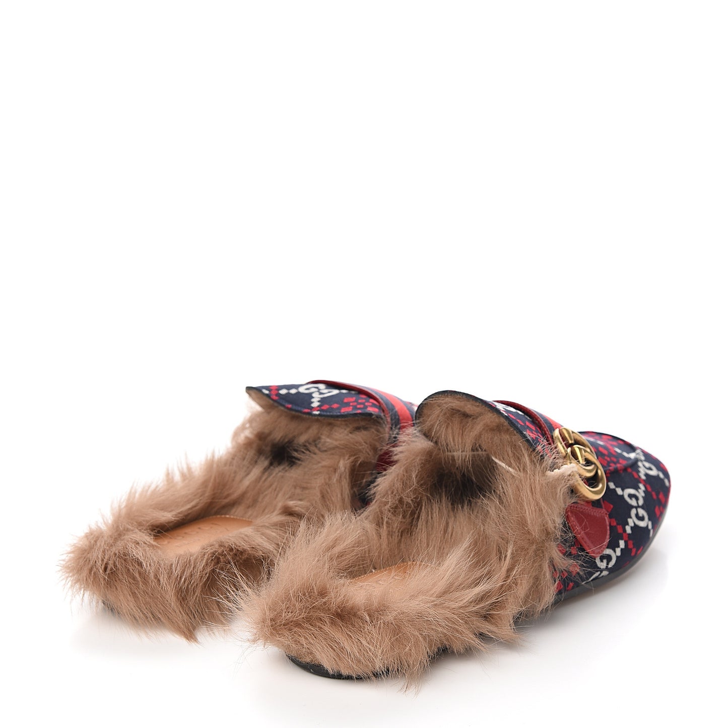 Canvas GG Monogram Diamond Fur Web GG Mens Princetown Slippers 8 Midnight Blue Hibiscus Red