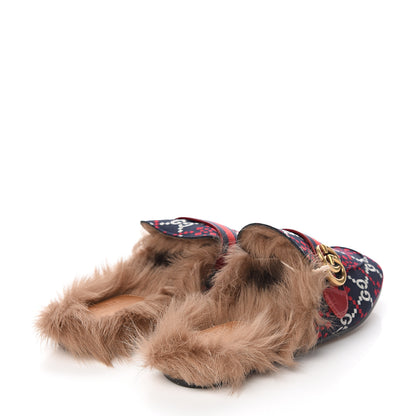 Gucci Canvas GG Monogram Diamond Fur Web GG Mens Princetown Slippers 8 Midnight Blue Hibiscus Red 4 of 9