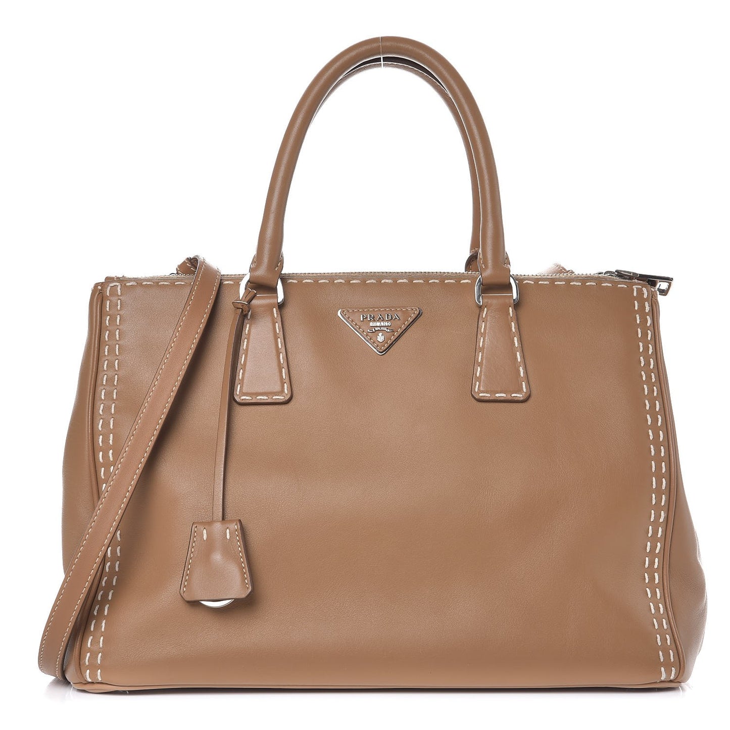 City Calf Hand Stitched Medium Galleria Double Zip Tote Caramel