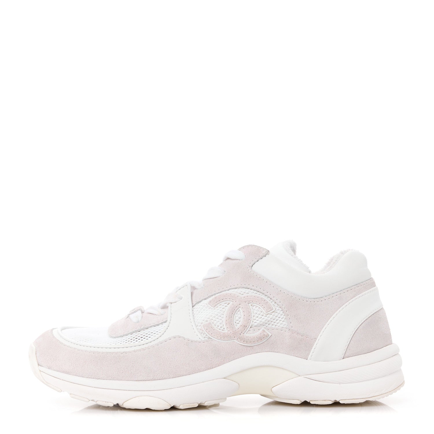 Chanel Mesh Suede Calfskin Grained Calfskin Womens CC Sneakers 39 White Grey 1 of 8