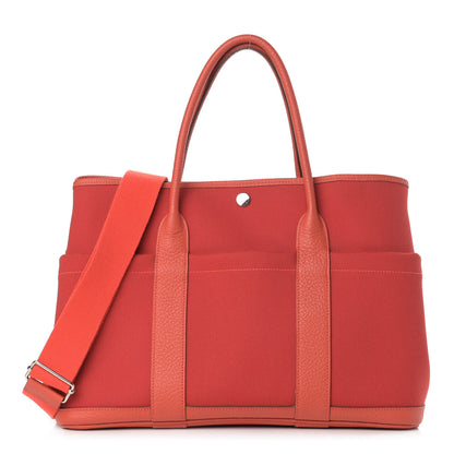 Hermes Toile Militaire Vache Country Garden Party Pockets 36 MM Tote Rouge Tomate Capucine 1 of 13