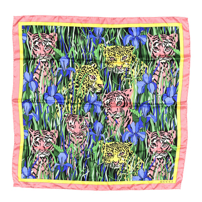 Gucci Silk Feline Garden Print Square Scarf Pink Multicolor 1 of 4