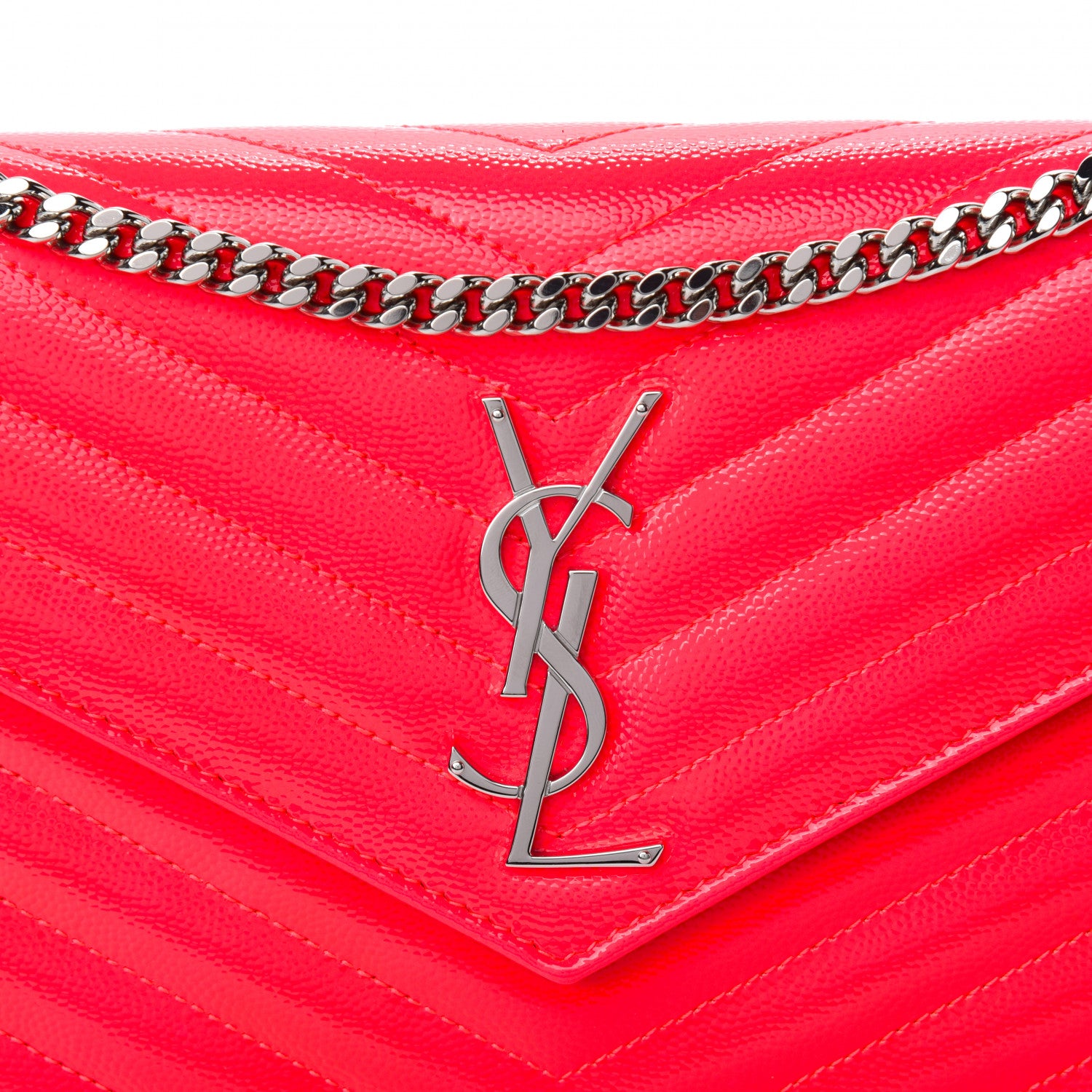 Saint Laurent Patent Grain De Poudre Matelasse Chevron Monogram Chain Wallet Neon Pink 9 of 9