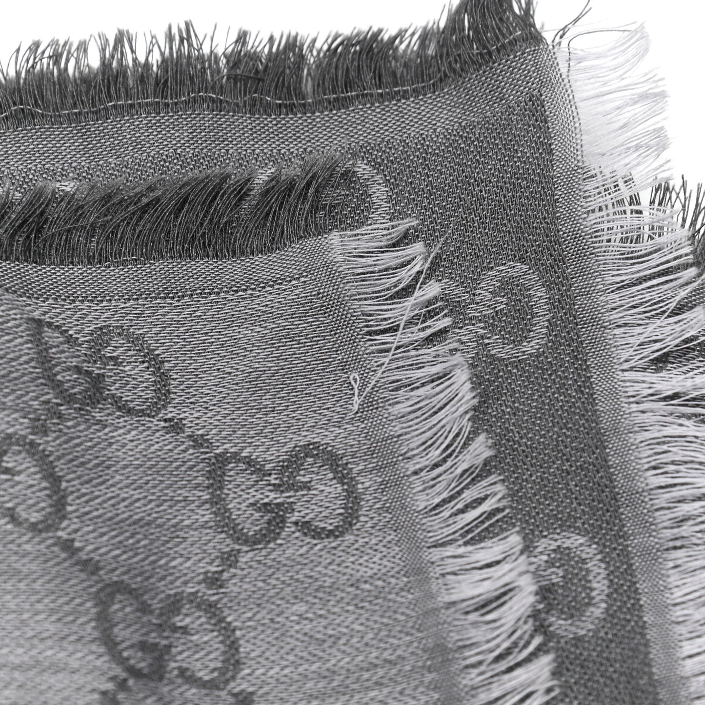 Wool Silk Monogram GGWeb Fringe Shawl Pearl Medium Grey