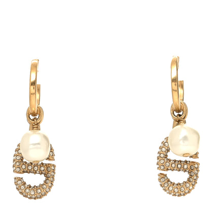 Christian Dior Pearl Crystal CD Hoop Earrings Gold 1 of 4
