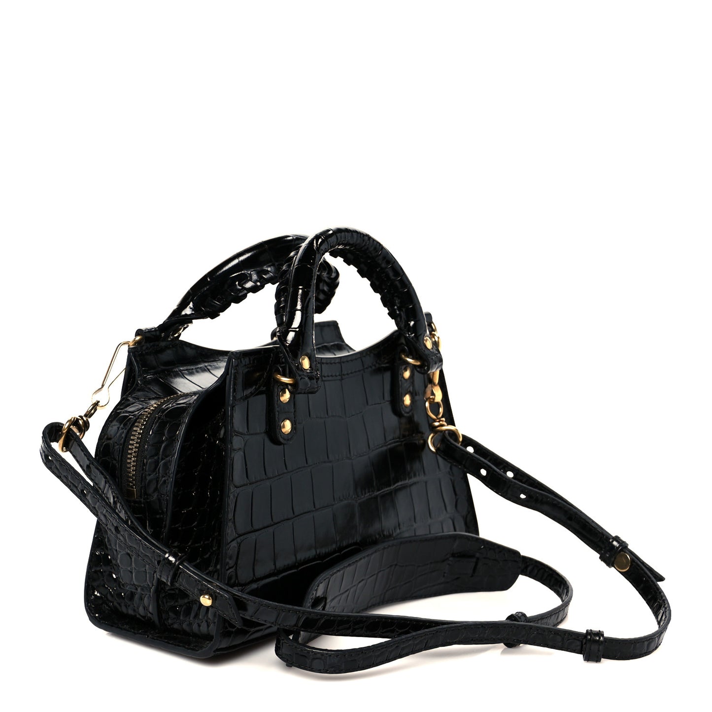 Shiny Supple Calfskin Crocodile Embossed Neo Classic Gold Hardware Mini City Black
