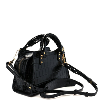 Balenciaga Shiny Supple Calfskin Crocodile Embossed Neo Classic Gold Hardware Mini City Black 3 of 11