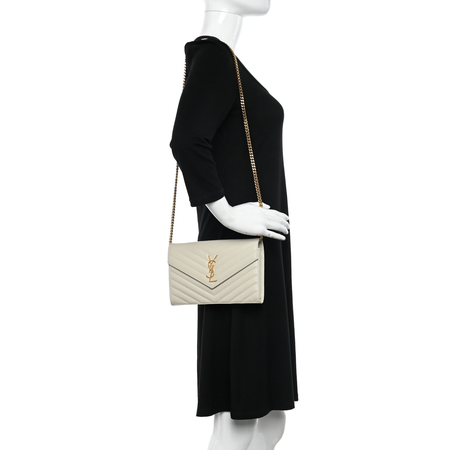 Saint Laurent Grain De Poudre Matelasse Chevron Monogram Chain Wallet Crema Soft 2 of 12