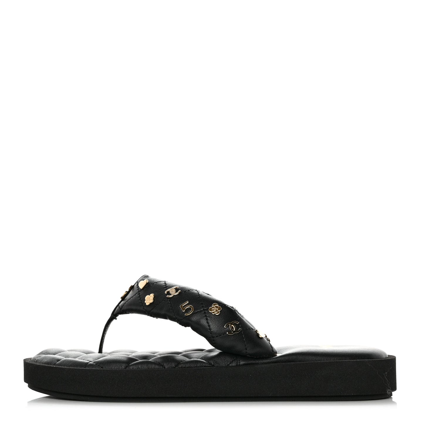 Lambskin Quilted Padded Charms Thong Sandals 38 Black