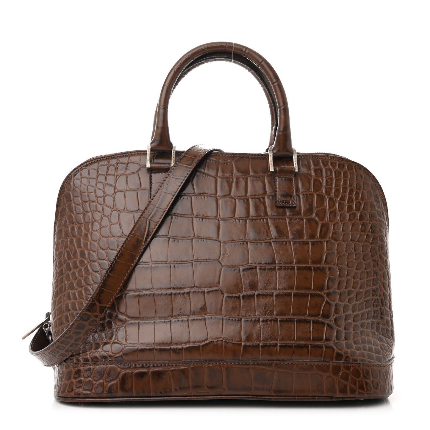 Crocodile Embossed Calfskin Large Bowler Bag Brown