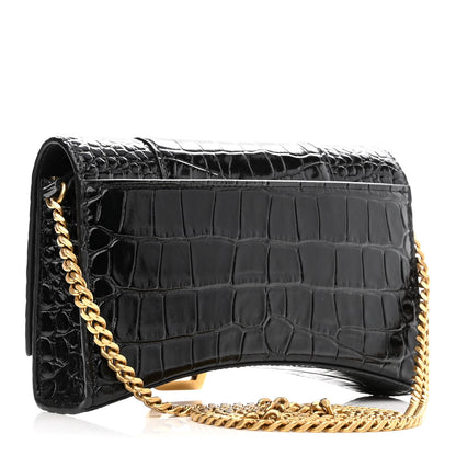 Balenciaga Shiny Calfskin Crocodile Embossed Hourglass Chain Bag Black 3 of 9