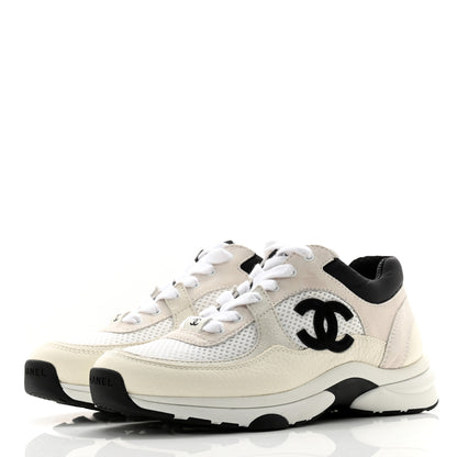 Chanel Mesh Suede Calfskin Grained Calfskin Womens CC Sneakers 36 White Black 3 of 12