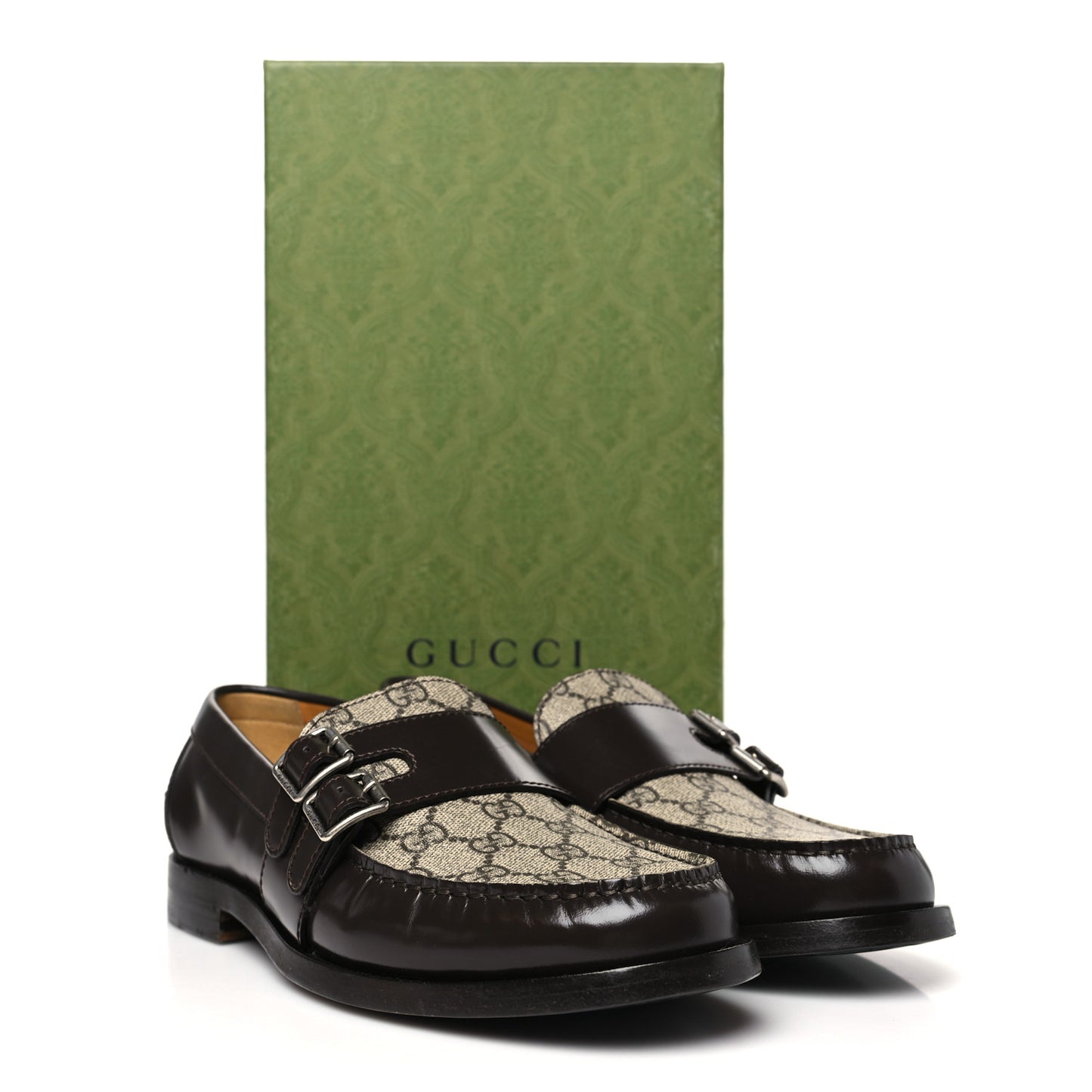 GG Supreme Monogram Mens Double Buckle Loafers 9 Beige Ebony Cocoa