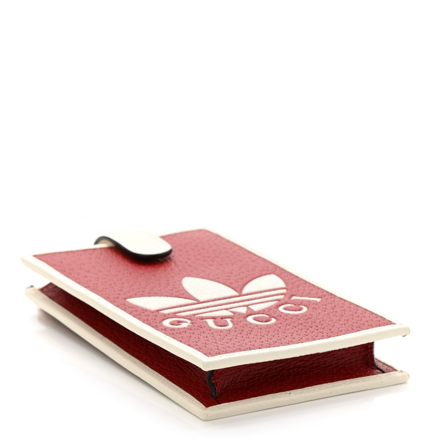 Gucci X ADIDAS Textured Dollar Calfskin Trefoil Embossed Phone Crossbody Bag Hibiscus Red Off White 4 of 12
