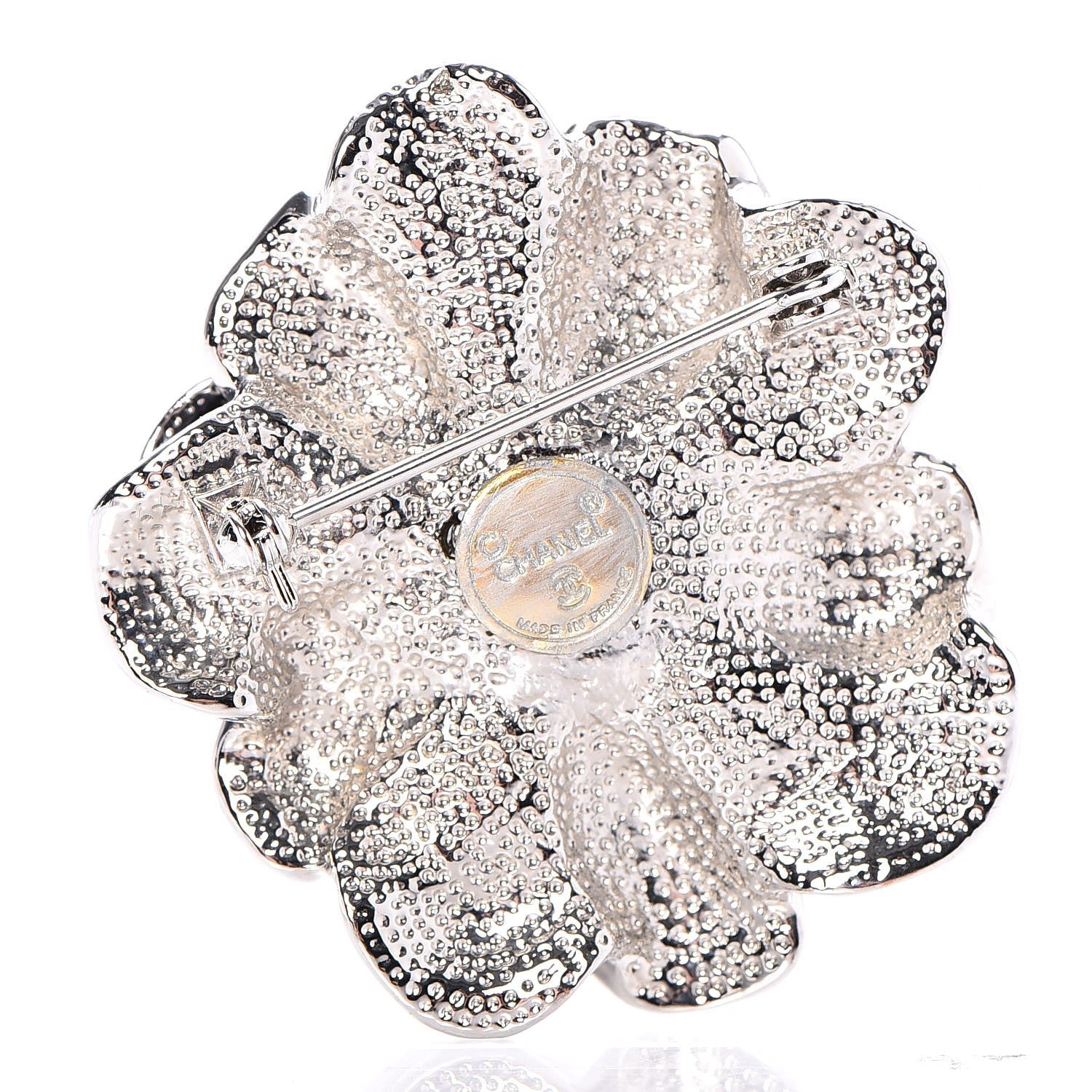 Chanel Resin Pearl Crystal CC Camellia Pin Brooch Black Silver 3 of 5