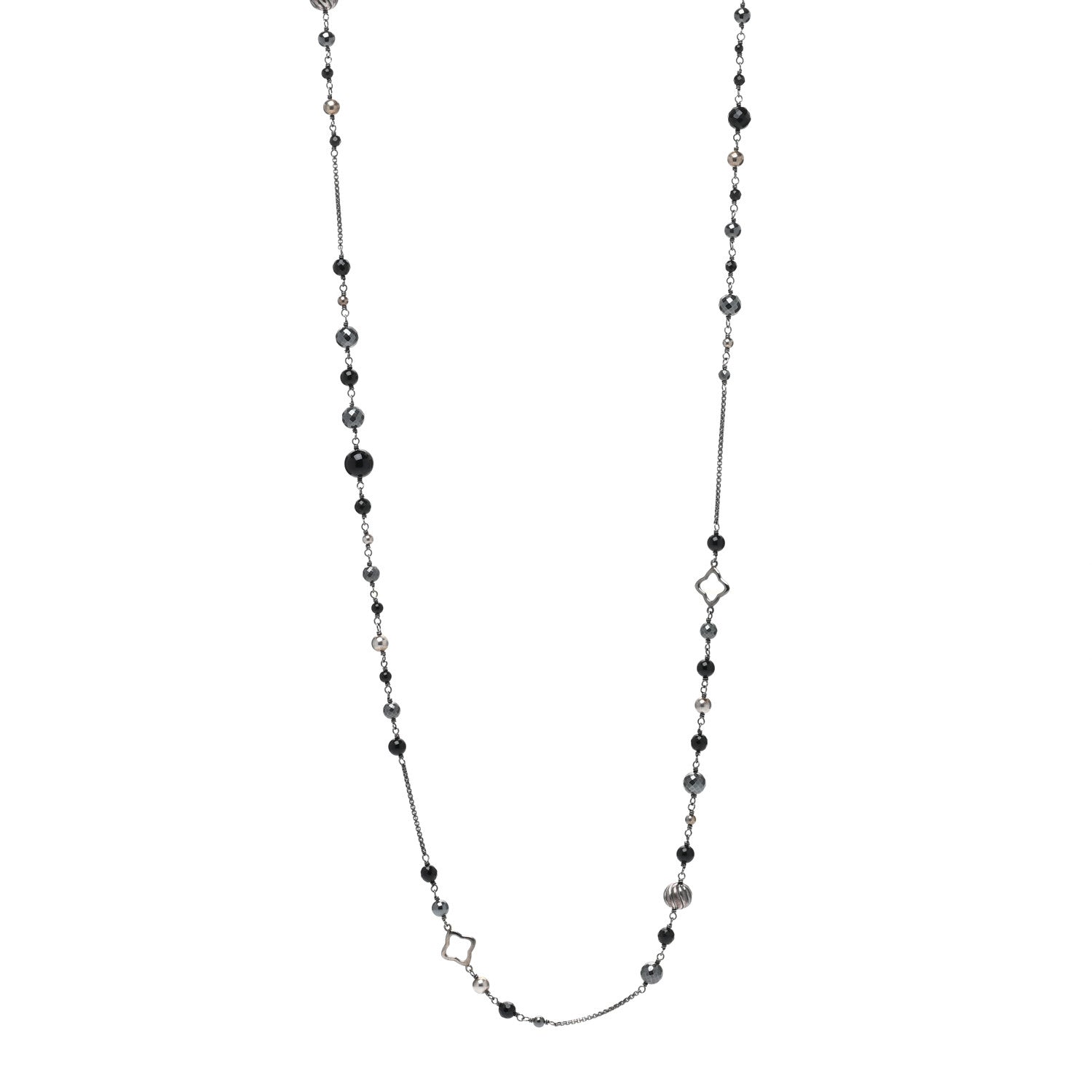 David Yurman Darkened Sterling Silver Black Onyx Hematite Quatrefoil Bead Chain Necklace 1 of 4