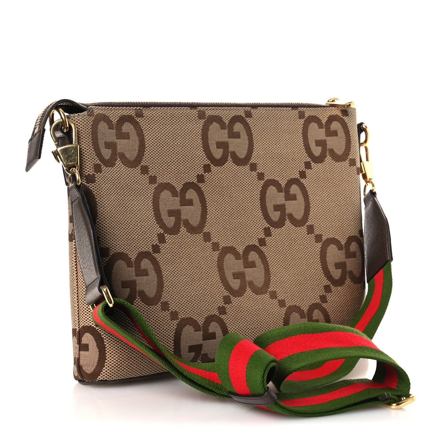 Gucci Monogram Jumbo GG Textured Dollar Calfskin Web Wristlet Messenger Bag Camel Ebony New Acero 3 of 22