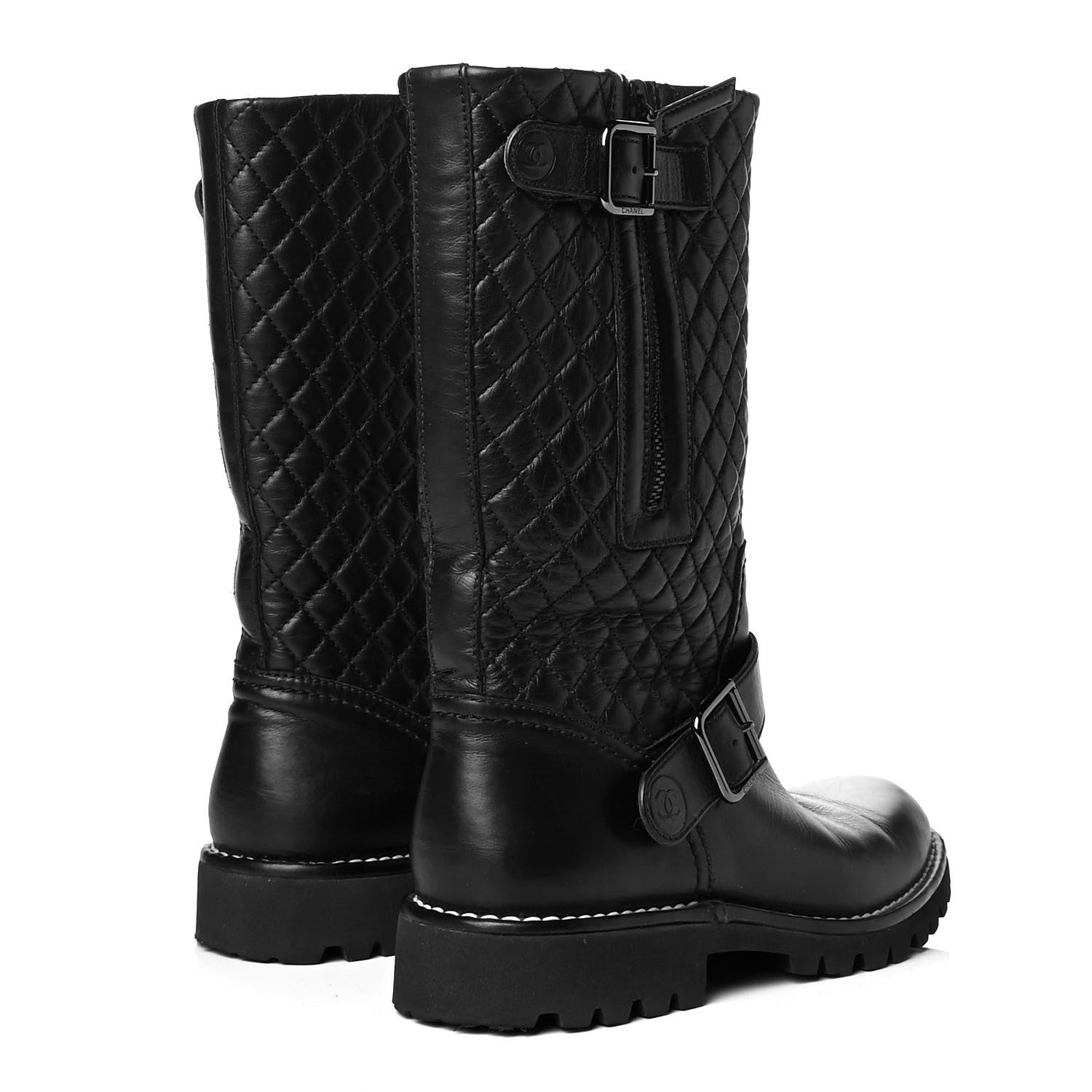 Chanel Calfskin Quilted Biker Boots 36.5 Black 3 of 7