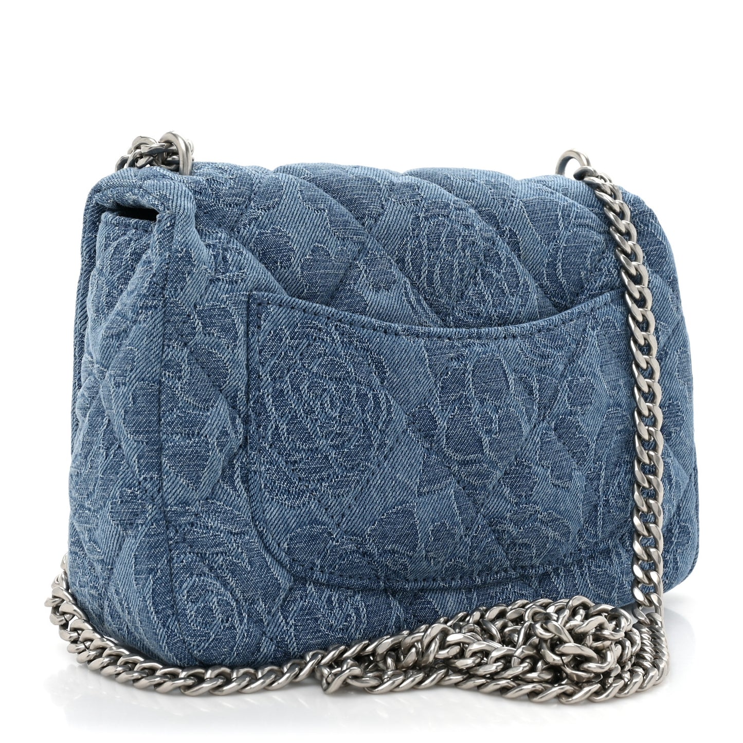 Denim Quilted Camellia Sweetheart Mini Flap Blue