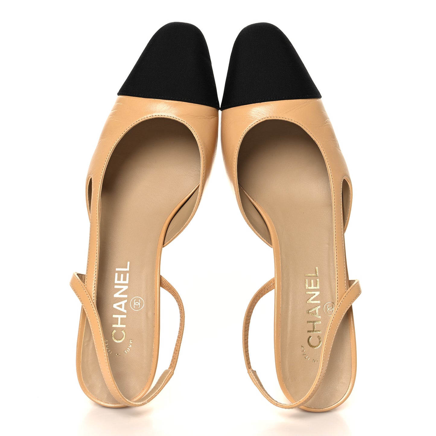 Goatskin Grosgrain Cap Toe CC Slingback Pumps 41 Beige Black