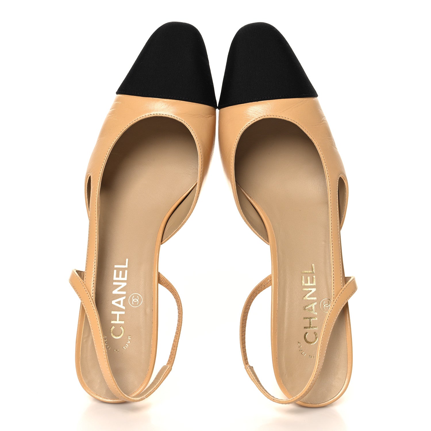 Chanel Goatskin Grosgrain Cap Toe CC Slingback Pumps 41 Beige Black 2 of 9