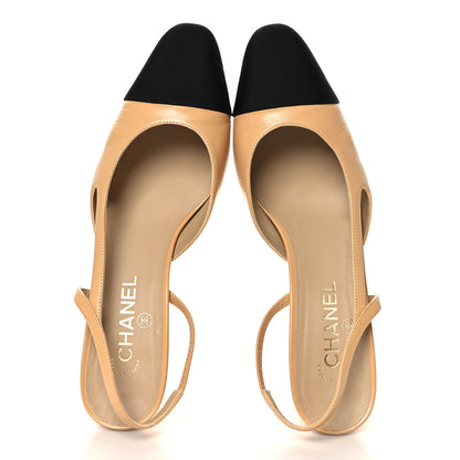 Chanel Goatskin Grosgrain Cap Toe CC Slingback Pumps 41 Beige Black 2 of 9